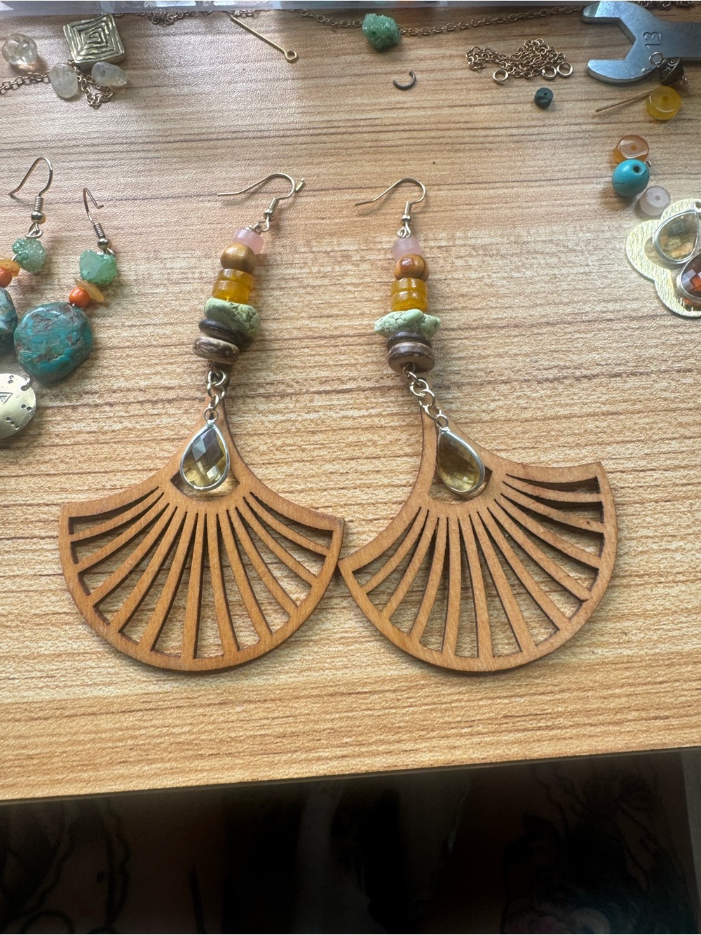 Bohemian Wooden Fan Drop Earrings with Amber Accent